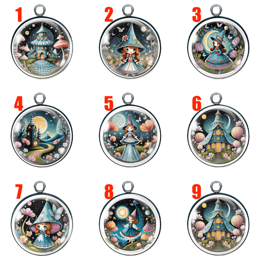 Set of 9 whimsical Alice in Wonderland glass cabochon charms featuring fantasy scenes with Alice, Mad Hatter hats, mushroom houses, and enchanted landscapes — ideal for DIY jewelry making.