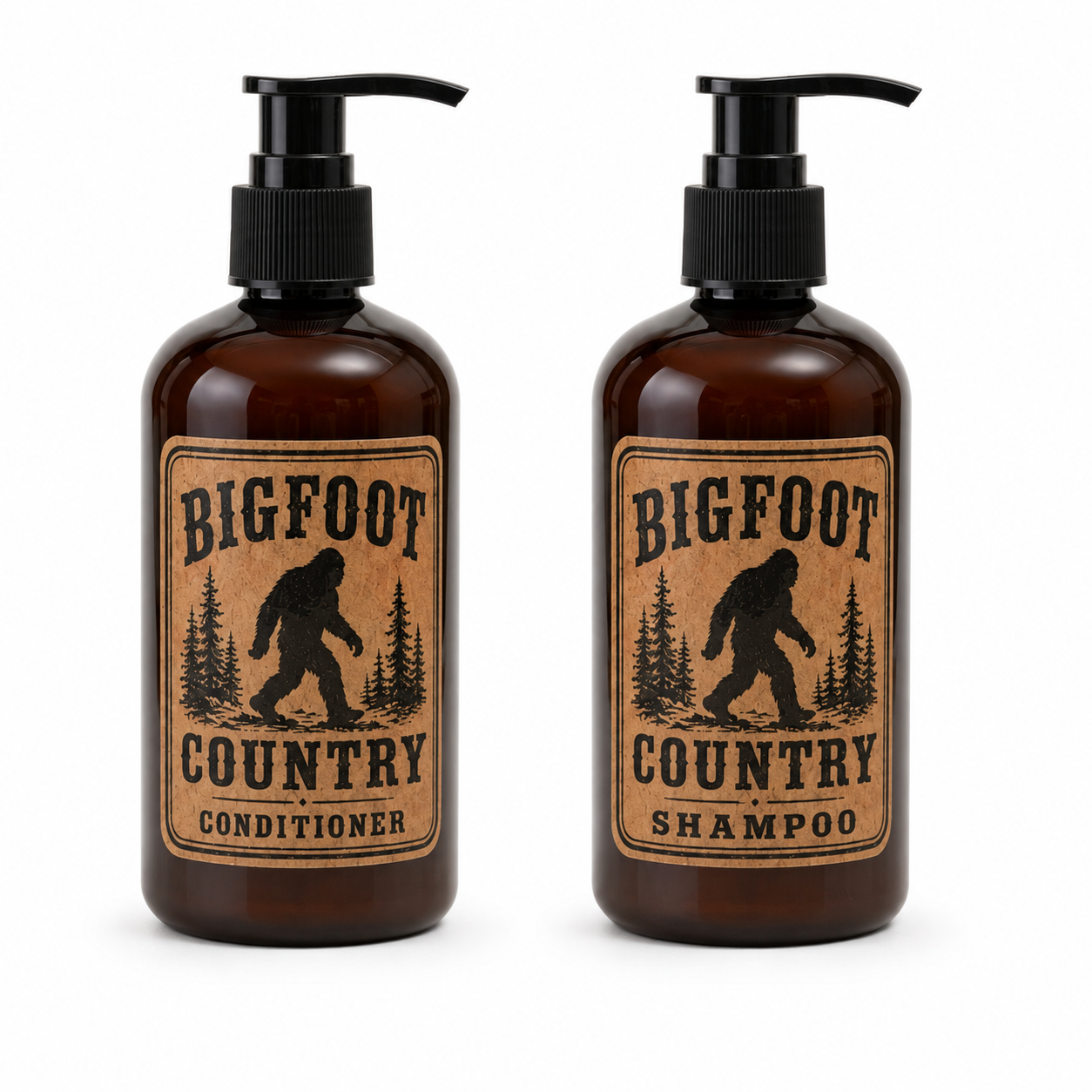 Bigfoot Bathroom Set Soap Dish Shampoo & Conditioner Pump Bottles Rustic