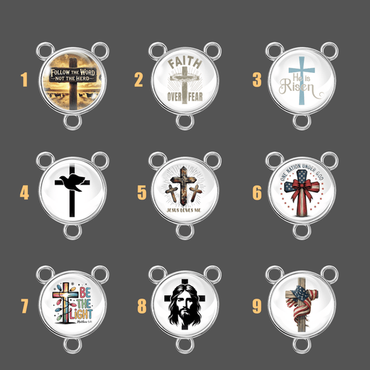 Nine circular religious-themed pendants on a dark gray background