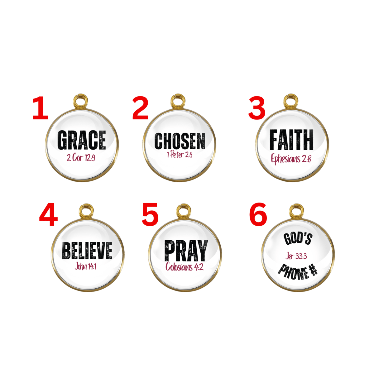 Set of handmade Christian faith charms with scripture words including Grace, Chosen, Faith, Believe, Pray, and God’s Phone #.