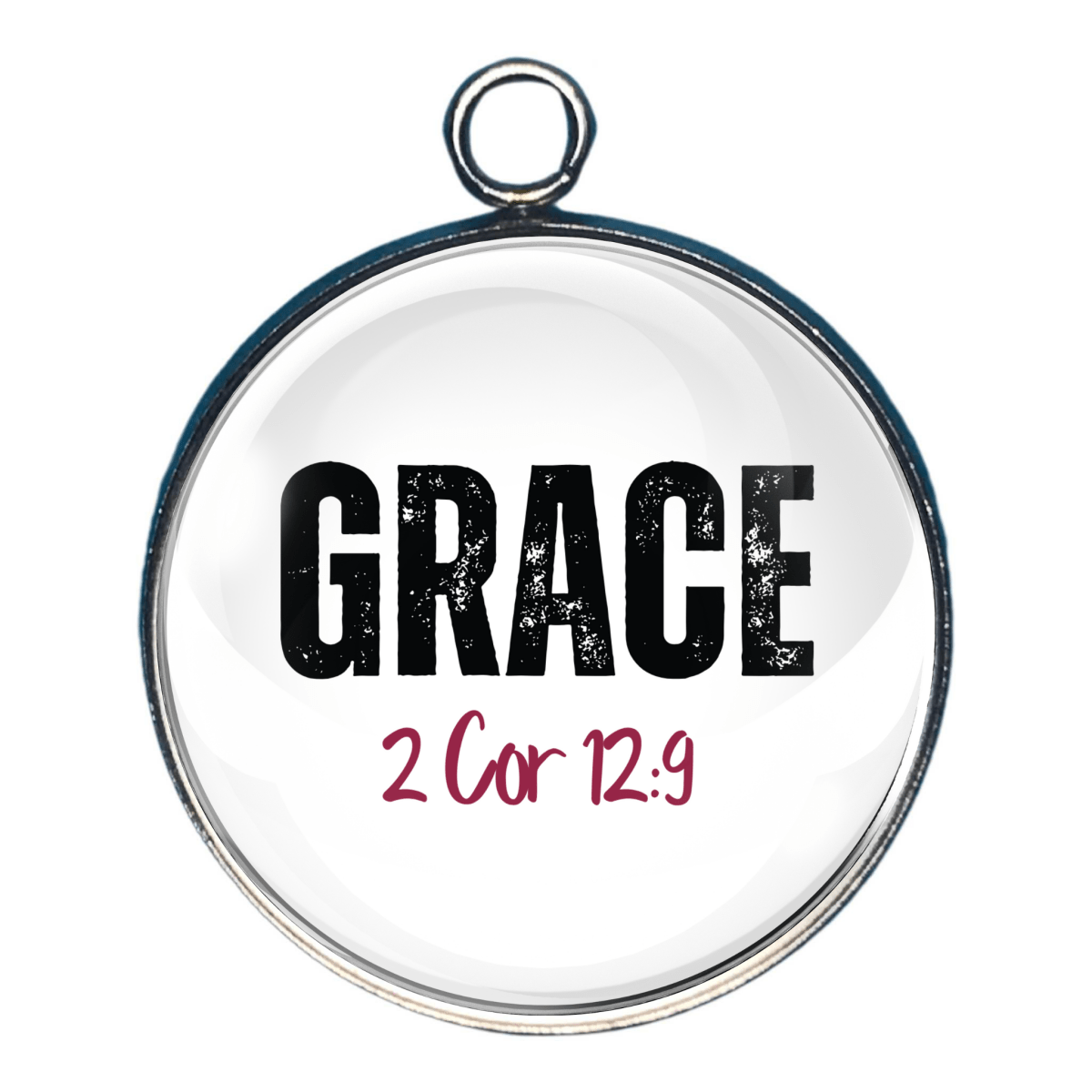 Grace Christian charm with 2 Corinthians 12:9 scripture.