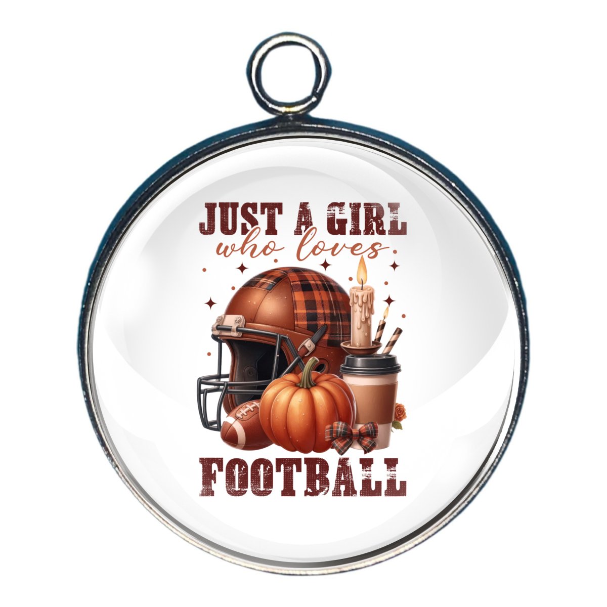 charm featuring a football helmet and pumpken and the wording just a girl who loves football