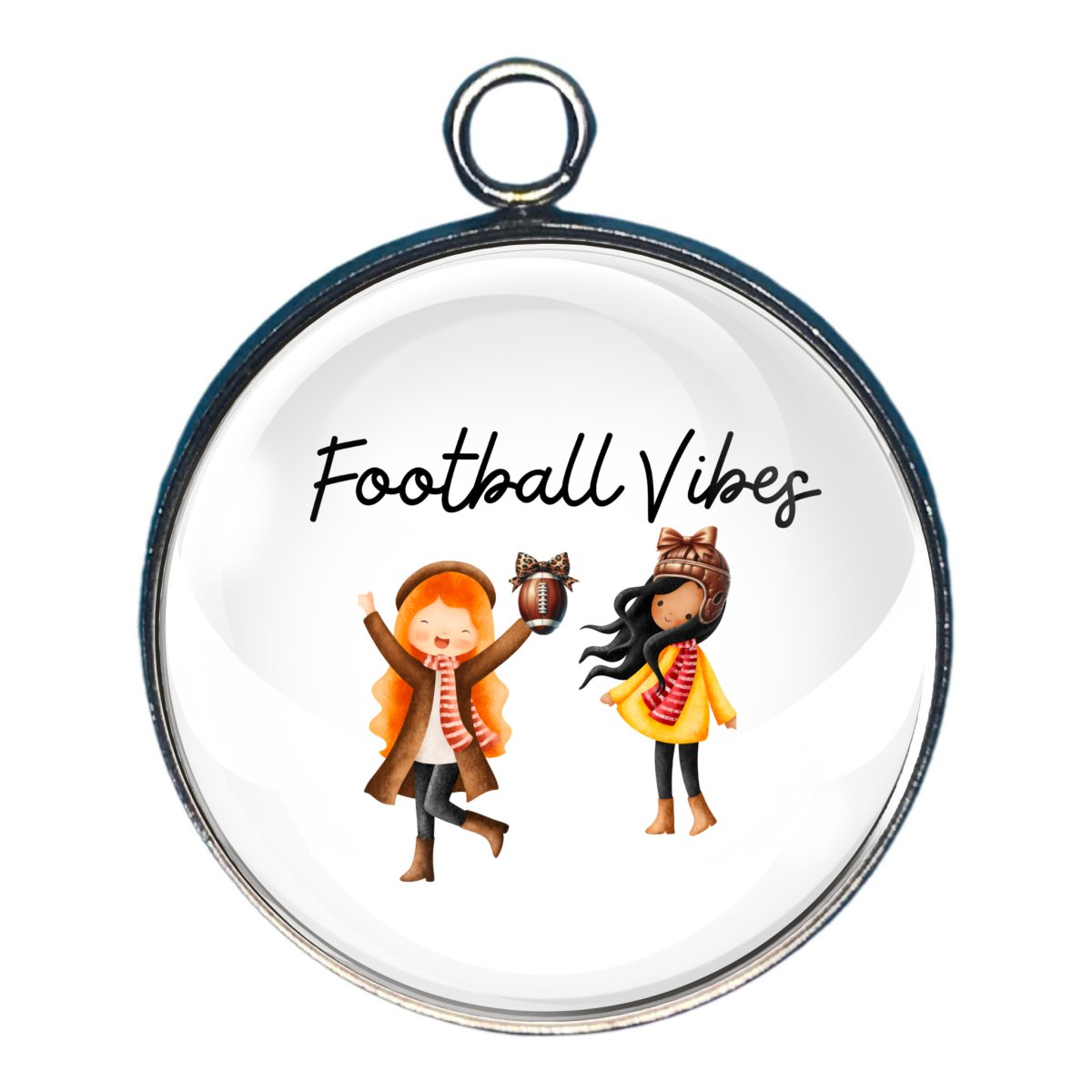 Charm of two girls dressed for fall and the words 'football vibes'