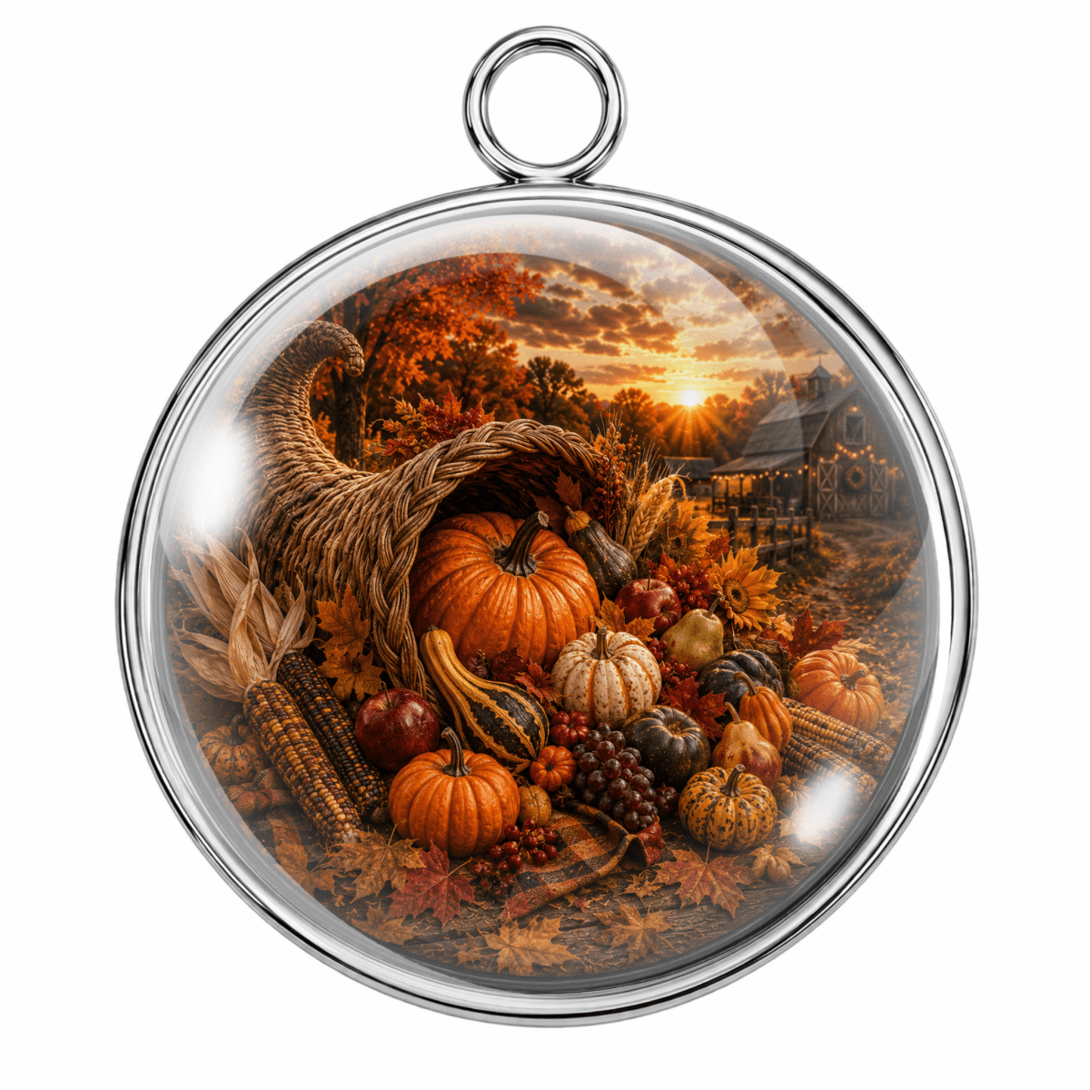 A round silver-toned pendant or ornament featuring a detailed autumn harvest scene under a glass dome, with a cornucopia, pumpkins, gourds, grapes, and a cabin in the background.