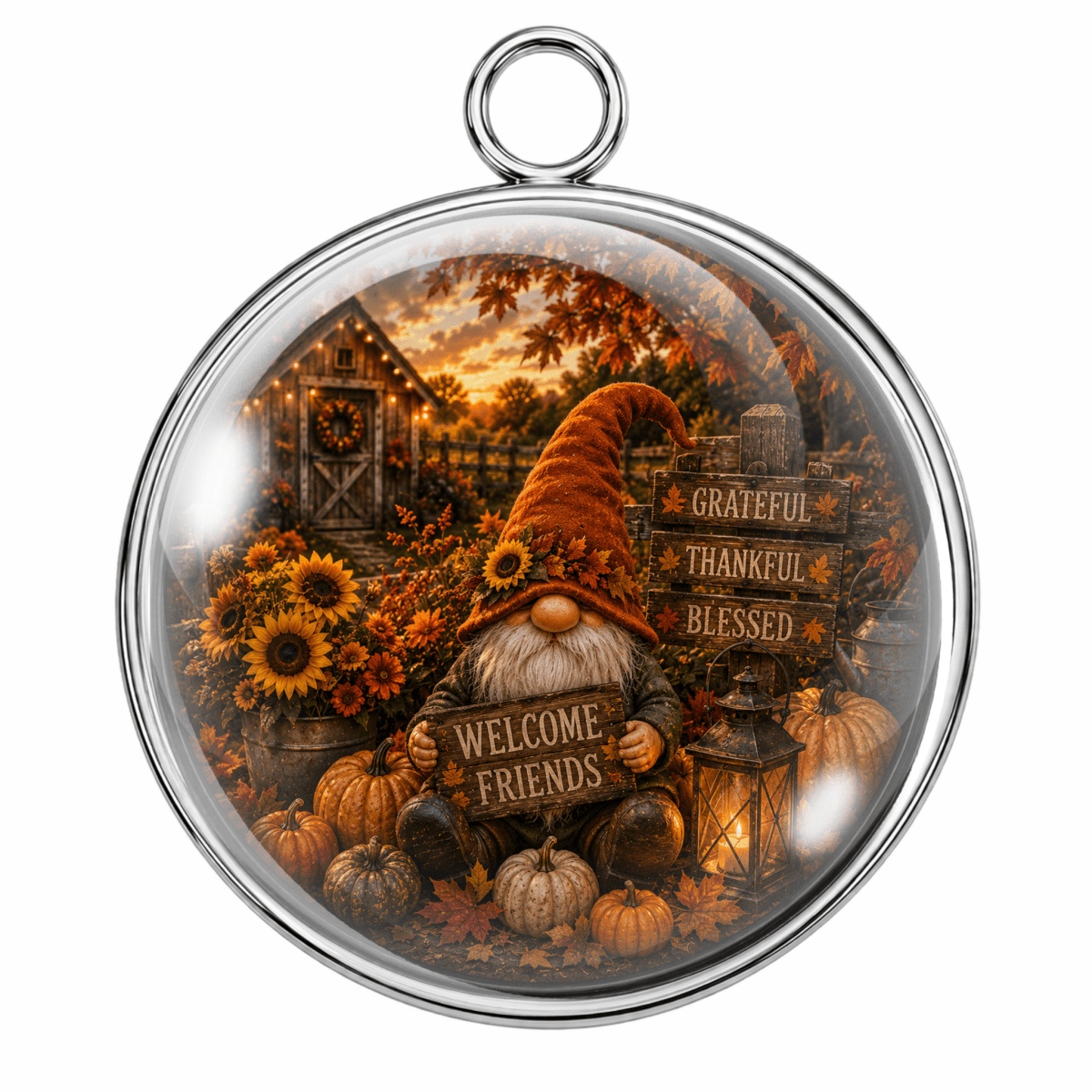 Round glass pendant with a silver metal frame and hanging loop, featuring a fall harvest gnome scene with pumpkins, sunflowers, autumn leaves, a barn, and signs reading 'Welcome Friends' and 'Grateful Thankful Blessed'.
