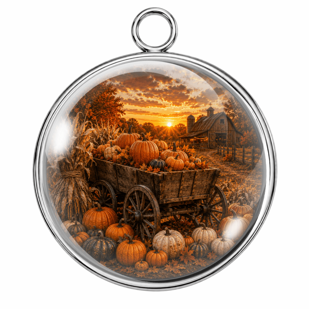 Round silver-toned pendant with a clear glass dome and hanging loop, featuring an autumn farm scene with pumpkins, a wagon, barn, and sunset.