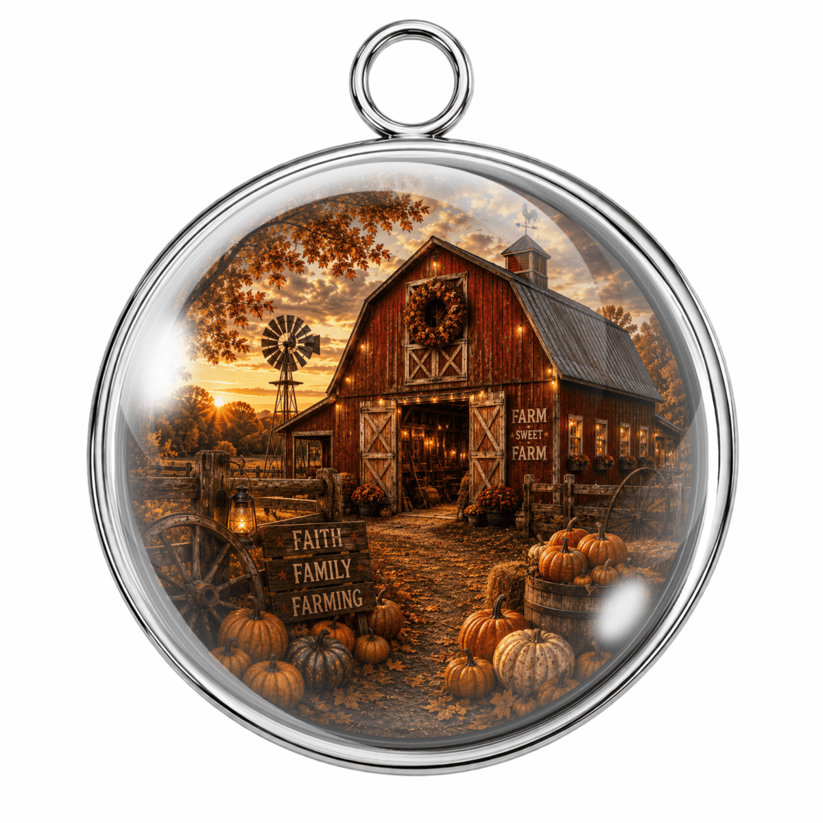 Round silver-toned pendant with a clear domed insert featuring a rustic farm scene, including a red barn, pumpkins, autumn trees, and a windmill, shown on a white background.