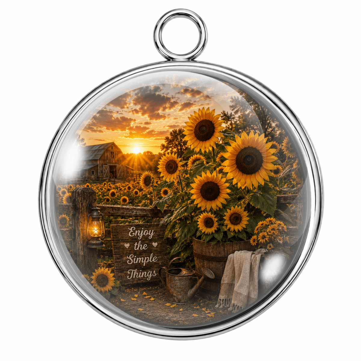 Round silver-toned pendant with a clear glass dome, featuring a sunflower field at sunset, rustic barn, lantern, watering can, and the phrase 'Enjoy the Simple Things' on a white background.