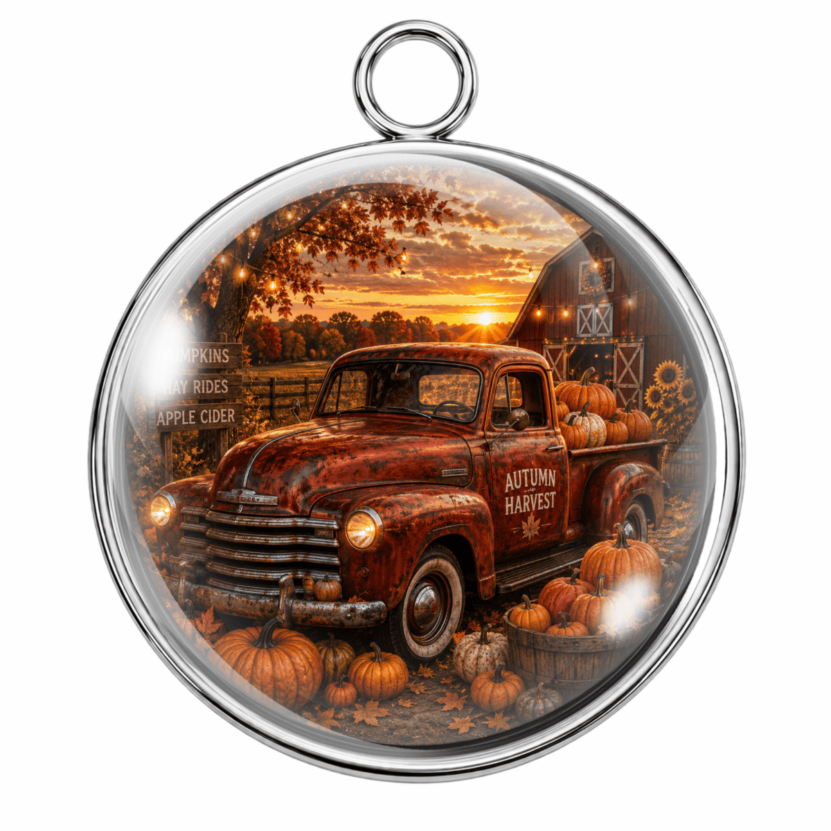 Round silver-toned pendant with a clear glass dome, featuring an autumn harvest scene with a rusted red pickup truck, pumpkins, a barn, and a sunset sky.