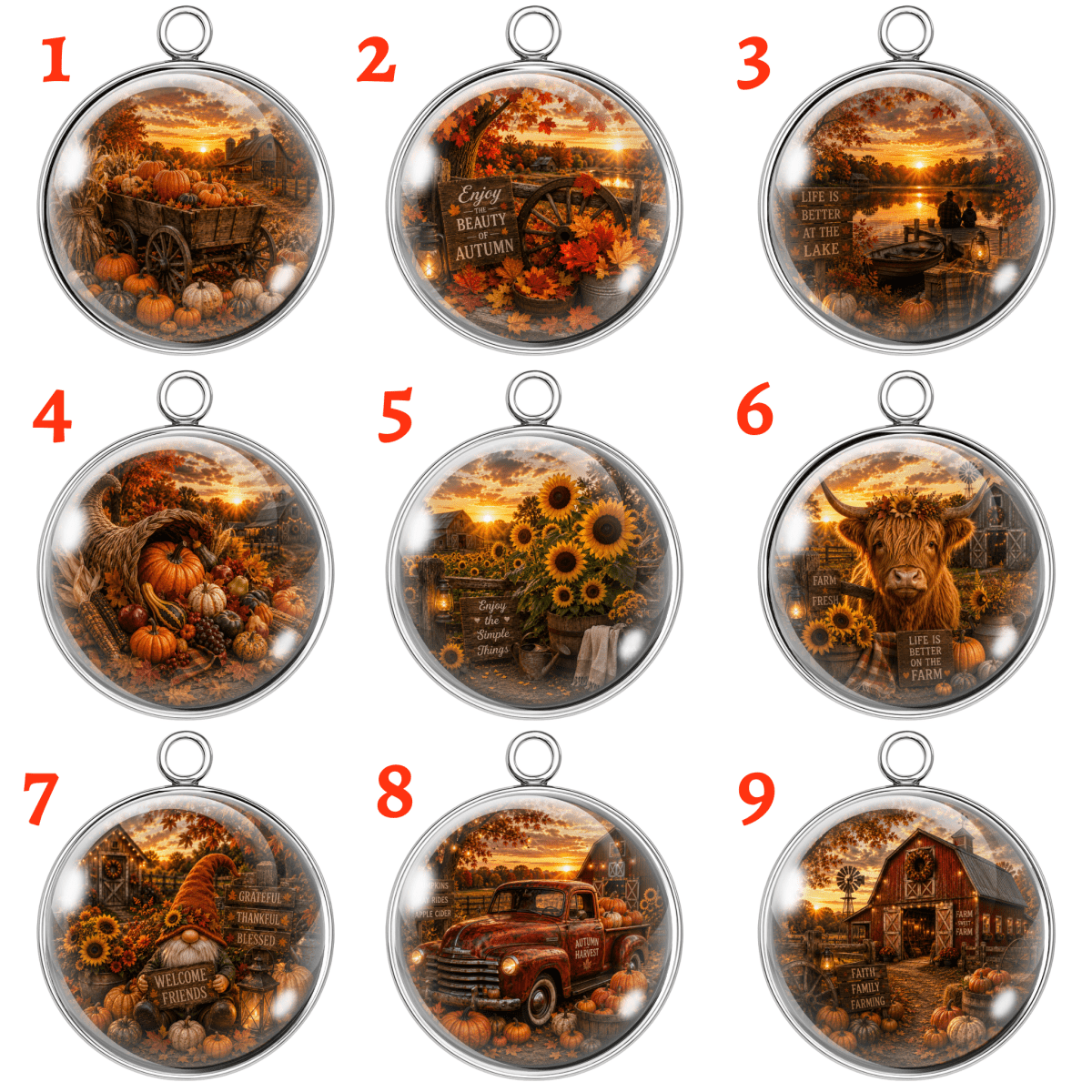 Nine circular autumn-themed glass cabochon charms or pendants arranged in a 3x3 grid on a white background, each with a red number 1 through 9. The designs depict fall harvest scenes including pumpkins, corn, sunflowers, a horse, a vintage truck, and a barn, all enclosed in clear domed cases with silver metal rims and hanging loops.