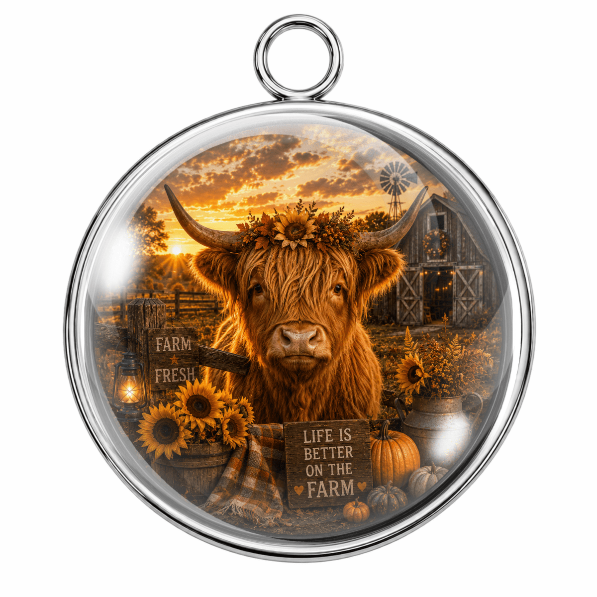 Round silver-toned pendant with a clear domed insert featuring a rustic farm scene: a shaggy Highland cow in the center, sunflowers, pumpkins, a barn, windmill, and warm sunset sky. The pendant has a hanging loop at the top and is shown on a plain white background.
