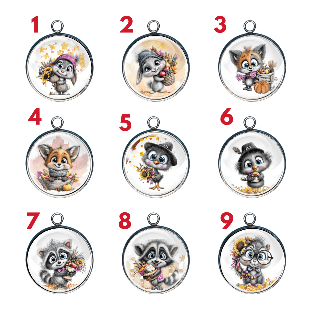 Fall Furry Friends, Autumn Woodland Animal Glass Cabochon Charms
