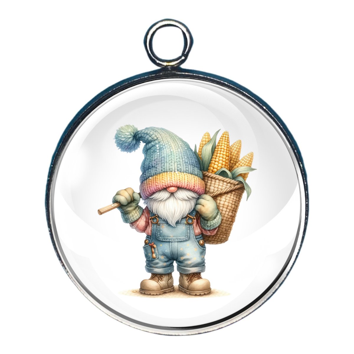 Charm of a farmer gnome carying a basket of corn on his back