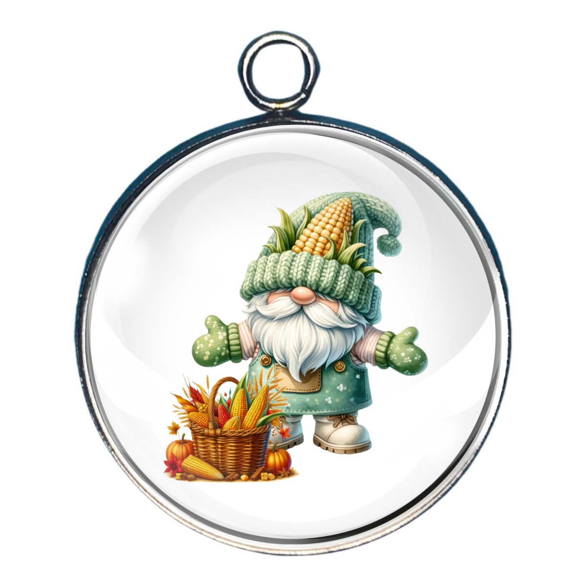 Charm of a farmer gnome with a basket of corn