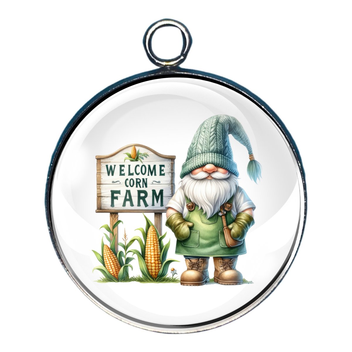 Charm of a farmer gnome by his welcome to the corn farm sign