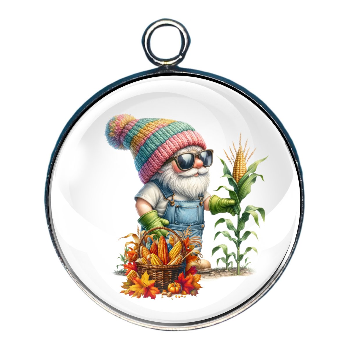 Charm of a farmer gnome wearing sunglasses  in the cornfield with a basket of corn 