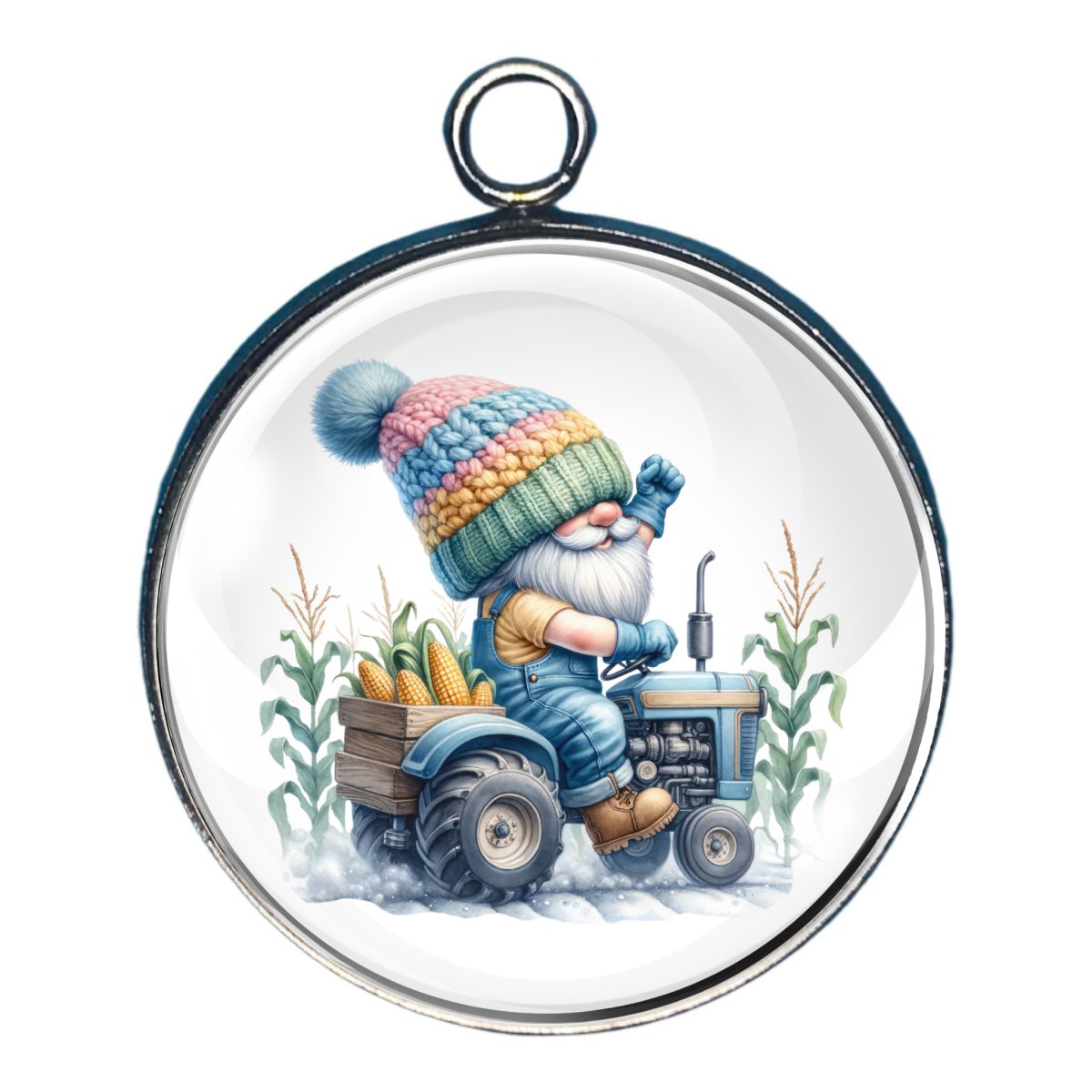 Charm of a farmer gnome on a tractor in the cornfield