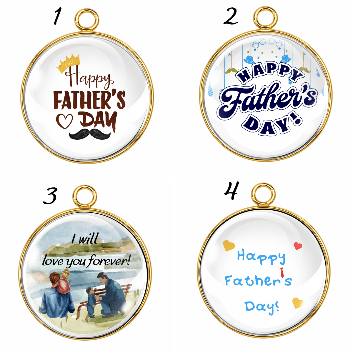 Four Father's Day-themed pendants with different designs in gold bases.