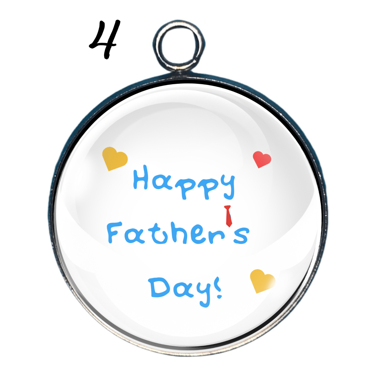Cute childlike Father’s Day glass charm with blue handwritten style lettering and colorful hearts inside a silver bezel.