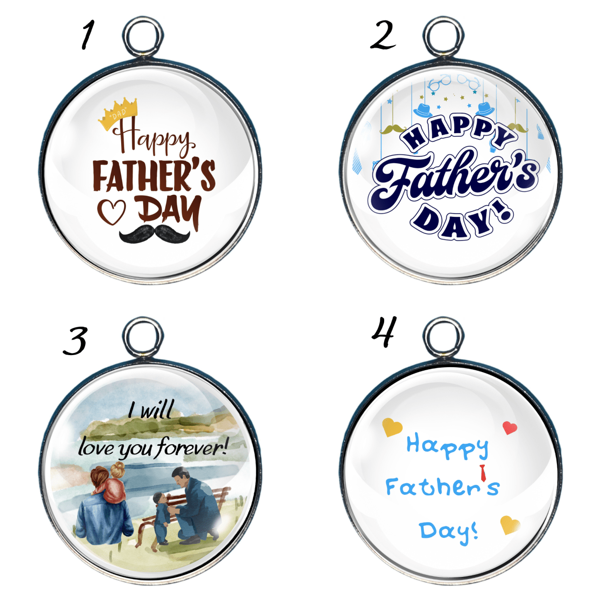 Four circular Father's Day-themed charms in Silver