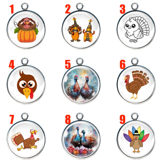 Group of 9 charms depicting thanksgiving turkeys