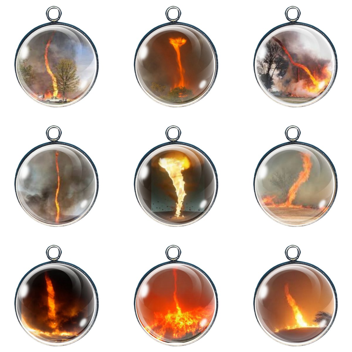 Group of 9 charms depicting tornados made of fire