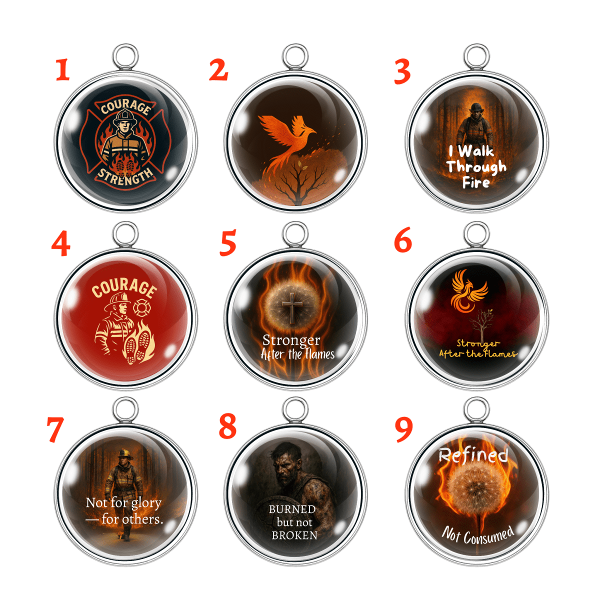 collection of inspirational fire-themed charms speaks to the unshakable strength found in adversity.