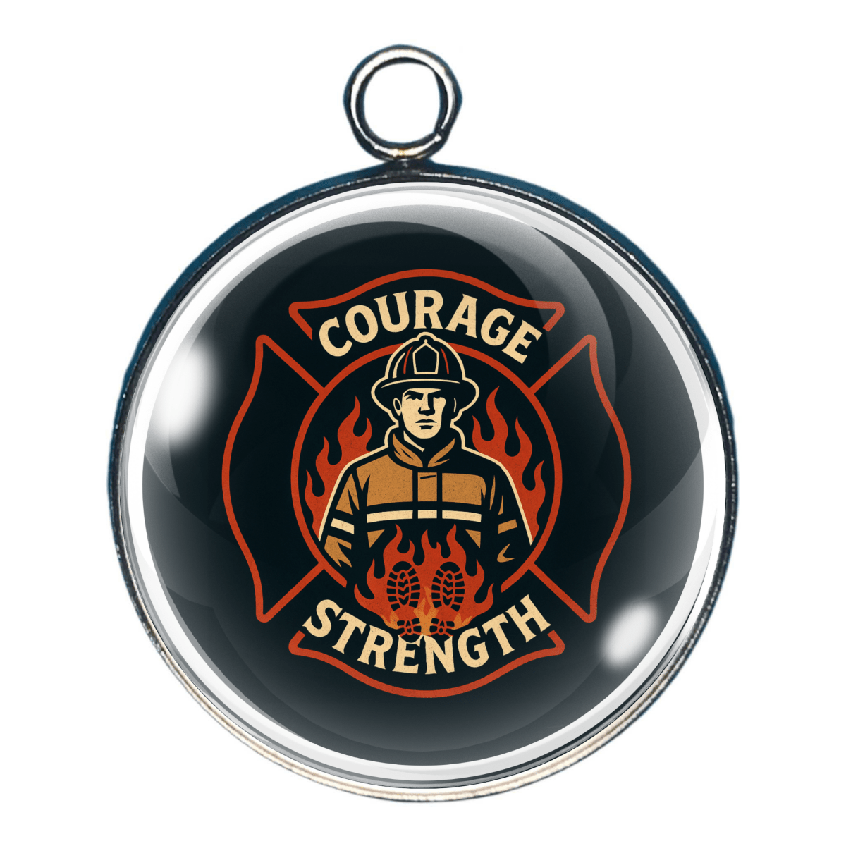 Firefighter courage and strength emblem with maltese cross and helmeted figure