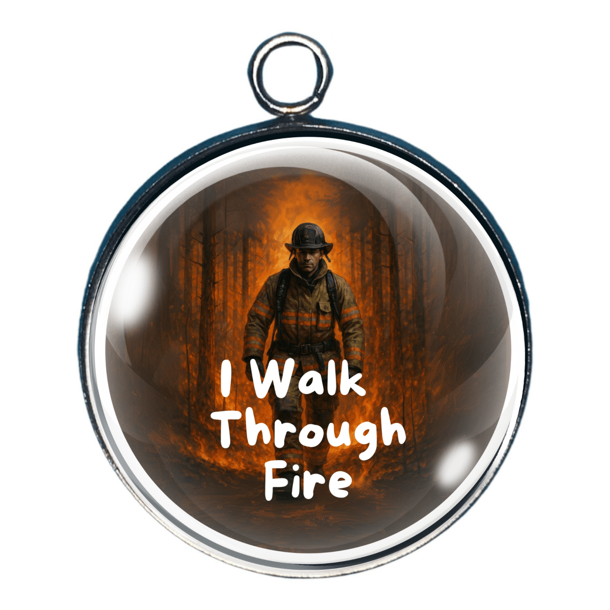Silhouette of firefighter walking through a dark forest fire with glowing embers with the wording 'i wald through fire'