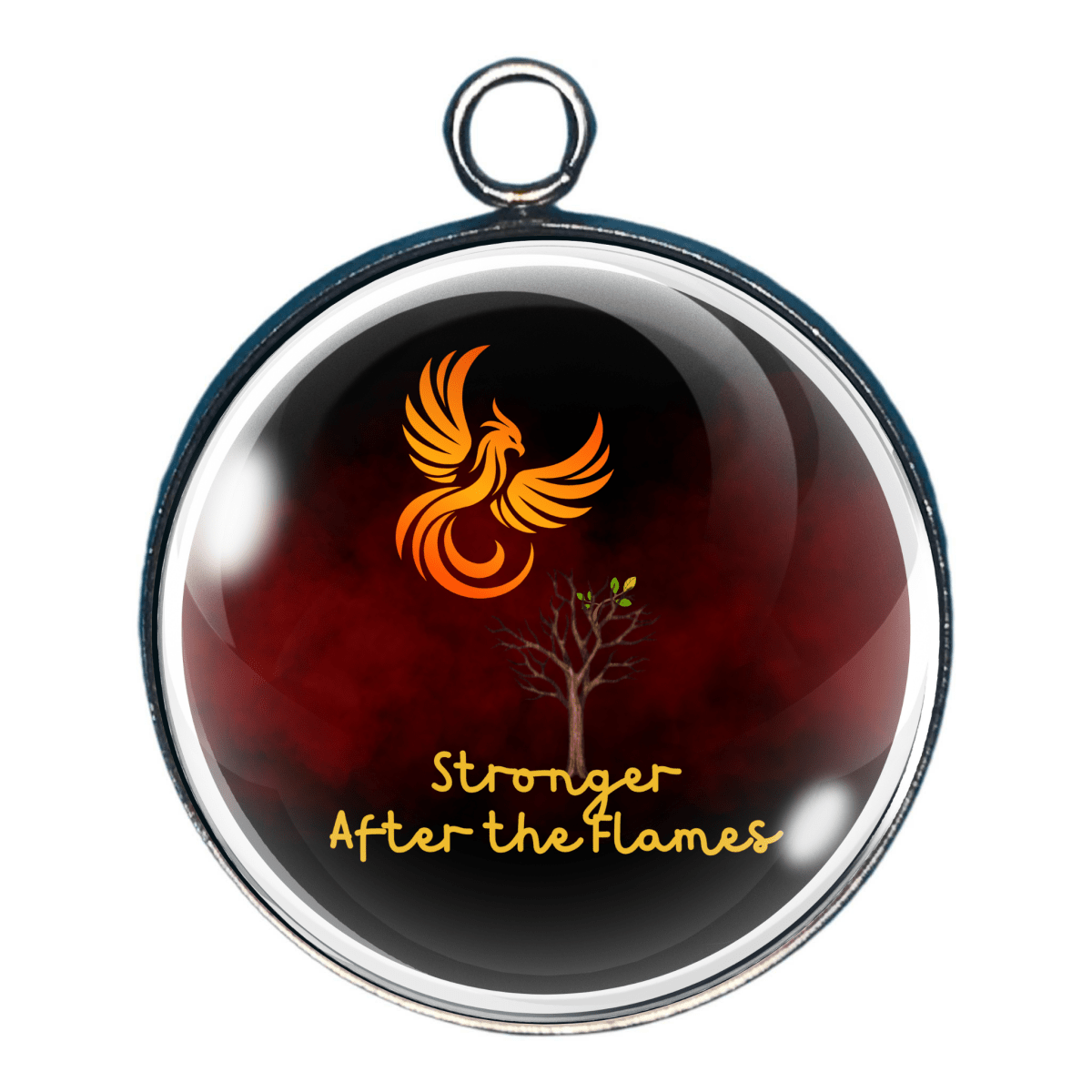 Charm with a phoenix design and 'Stronger After the Flames' text on a dark background