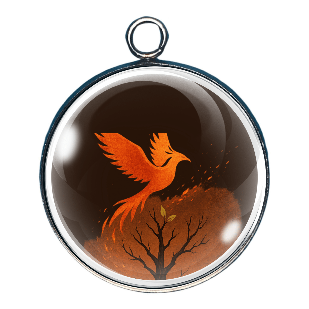 Orange phoenix rising from flames above a scorched tree, symbolizing rebirth