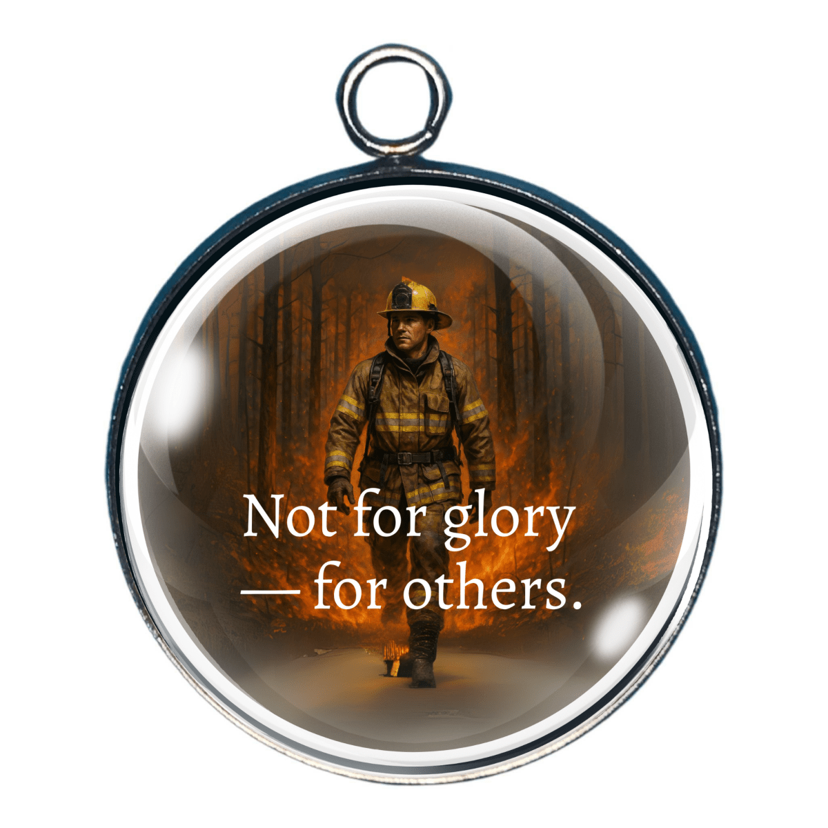 Charm of a Firefighter walking away through fire with quote: 'Not for glory — for others
