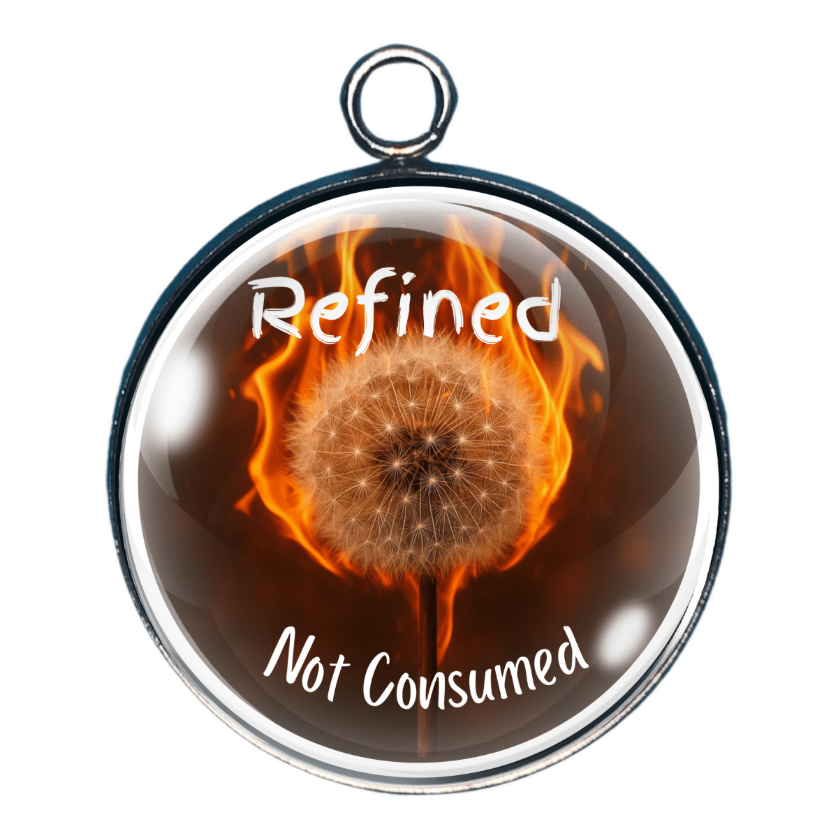 Charm of a dandelion with flames around it and 'Refined Not Consumed' text 