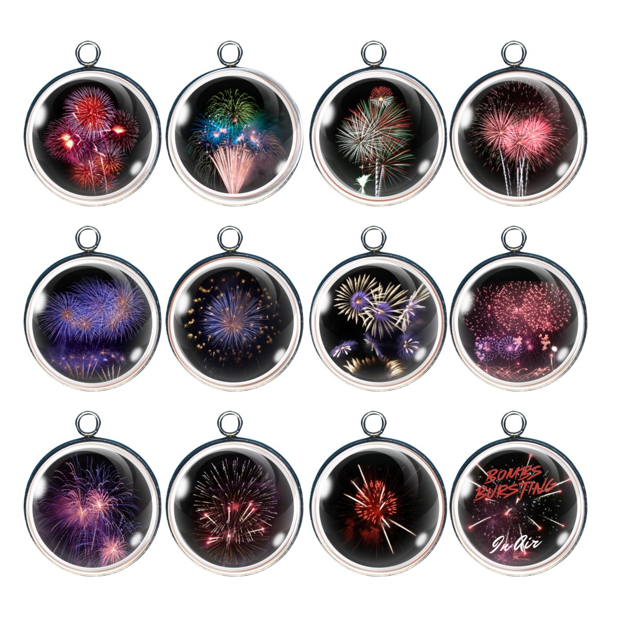 Group of 12 charms featuring fireworks