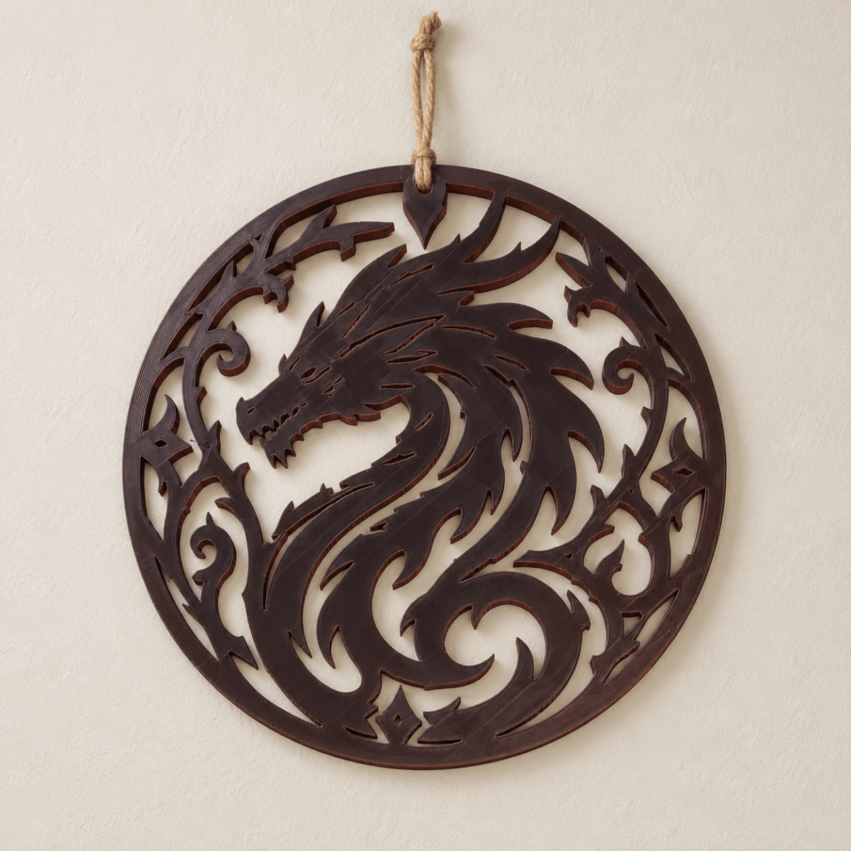 Flame Dragon Wall Hanging 9.5" Round Fantasy Decor with Jute Hanger