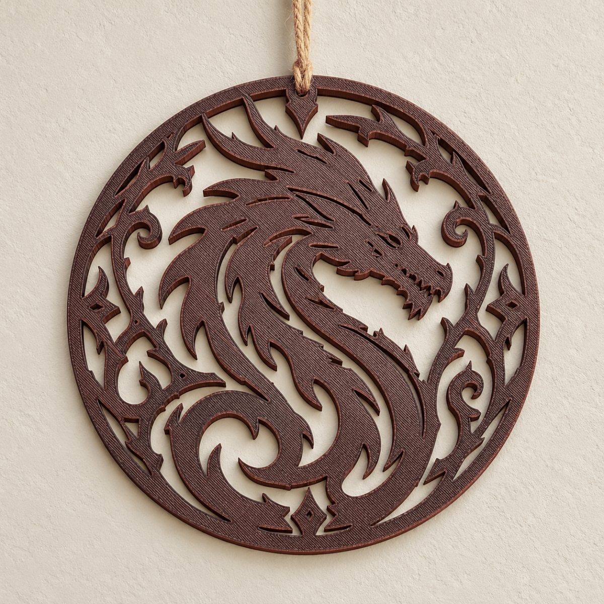 Flame Dragon Wall Hanging 9.5" Round Fantasy Decor with Jute Hanger