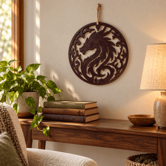 Flame Dragon Wall Hanging 9.5" Round Fantasy Decor with Jute Hanger