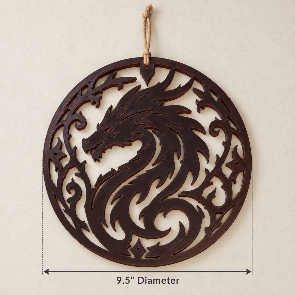 Flame Dragon Wall Hanging 9.5" Round Fantasy Decor with Jute Hanger