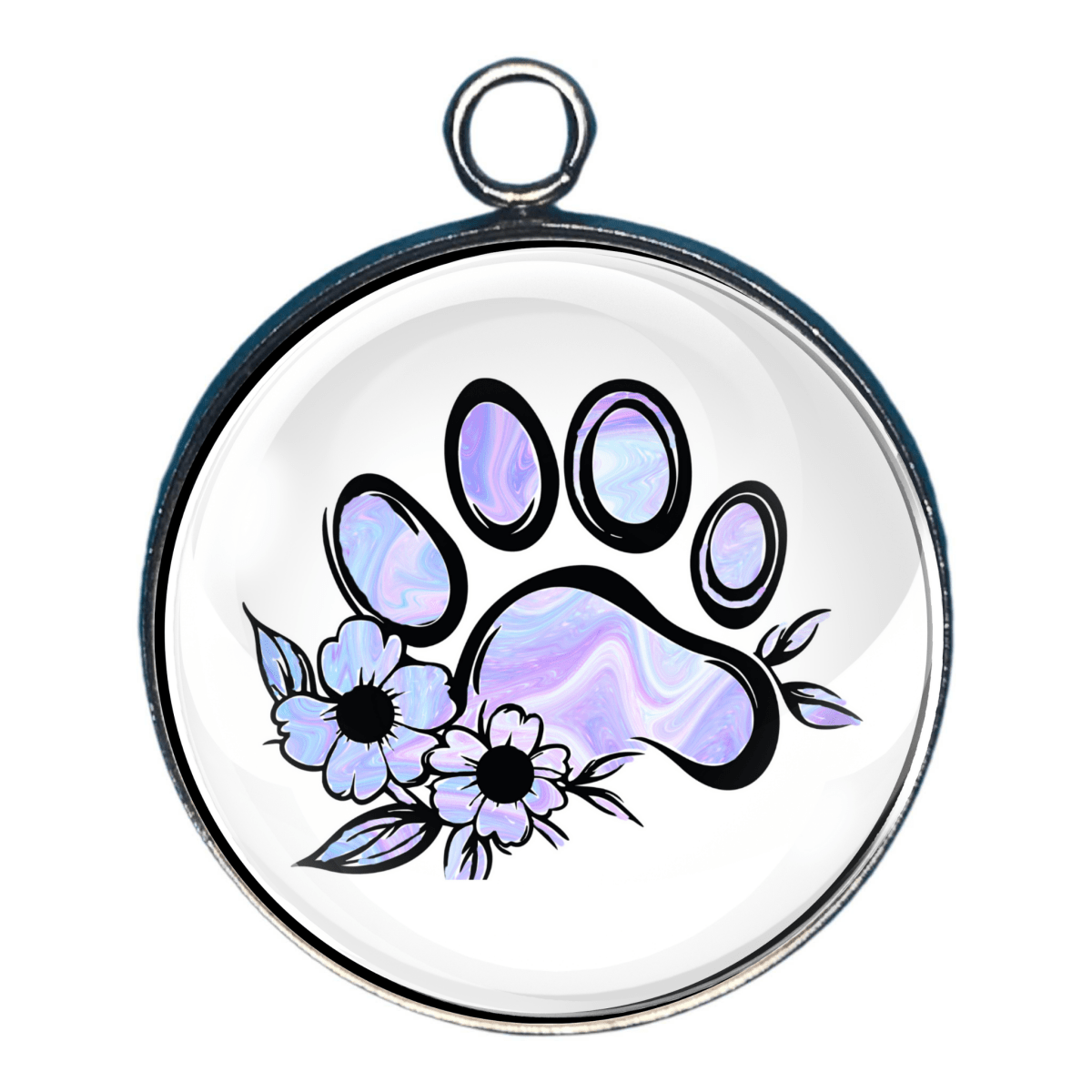 Iridescent paw print charm with black and lavender flowers