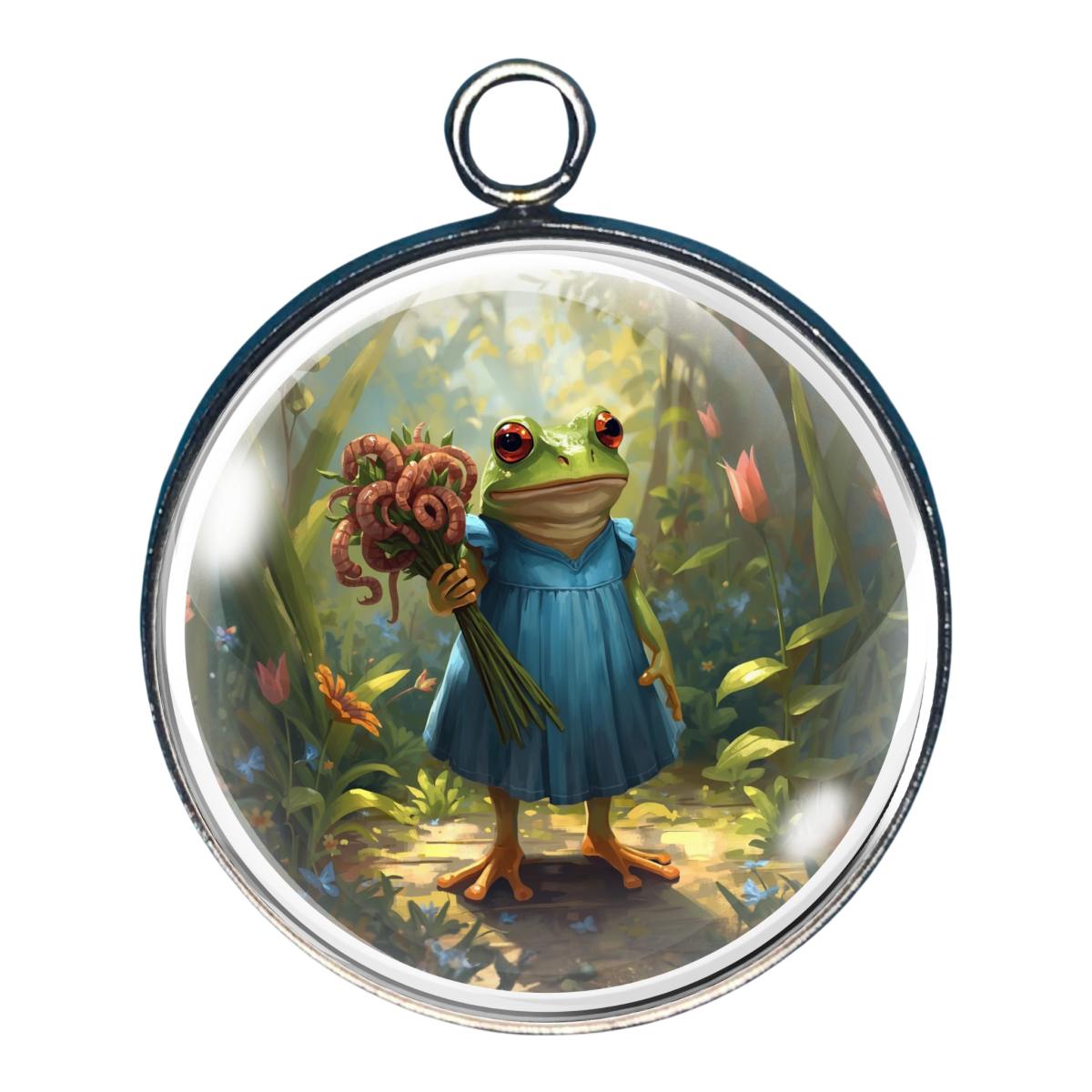 Charm of a girl frog holding a bouquet of worms
