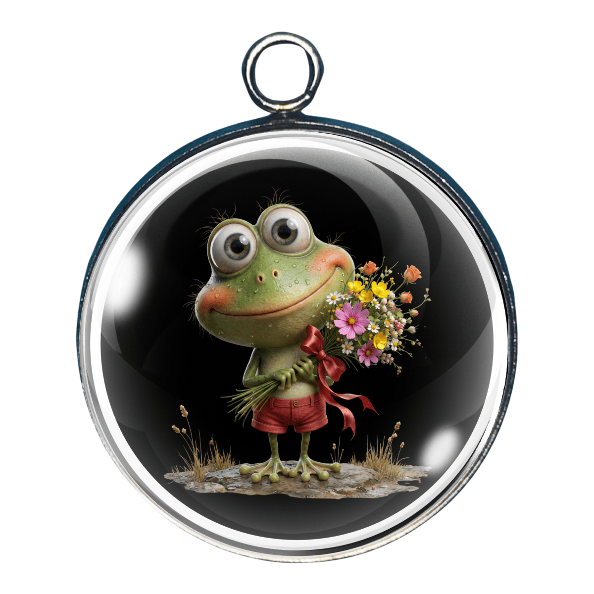 Boy frog charm holding a bouquet of flowers