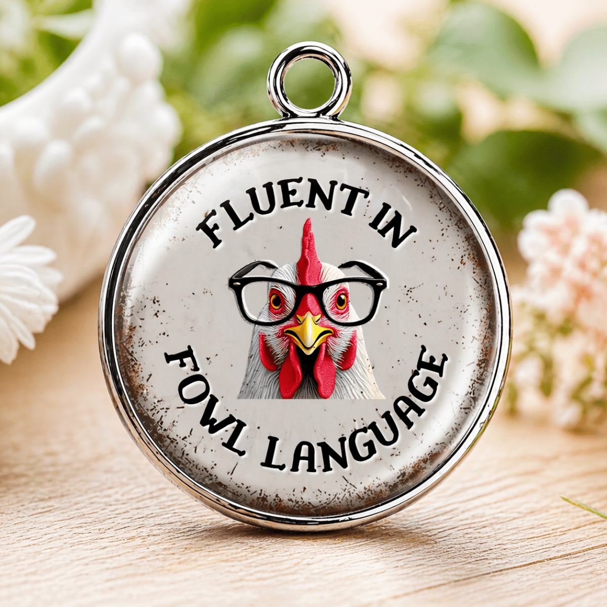 Pendant with a chicken illustration and text 'Fluent in Fowl Language' on a wooden surface with flowers in the background.