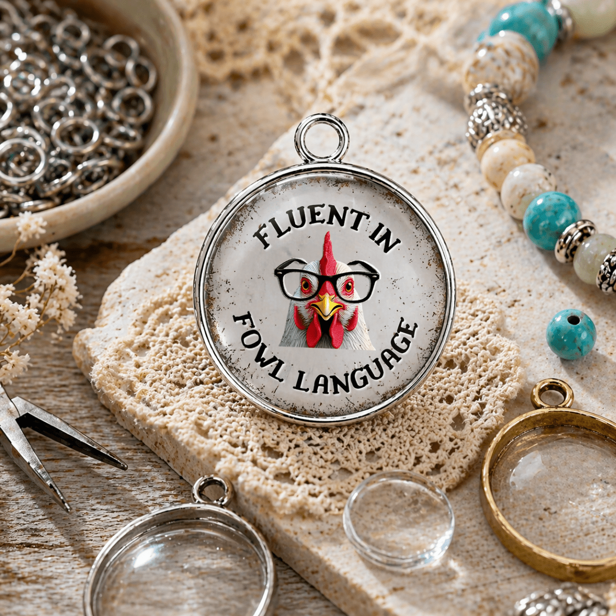 Pendant with a chicken wearing glasses and text 'Fluent in Fowl Language' on a textured surface with jewelry-making supplies.