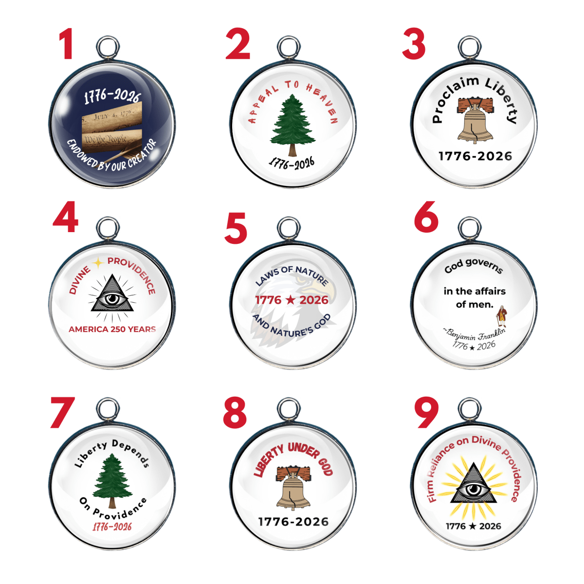 Group of 9 charms depicting the Founding Faith Series 1776–2026 Collection