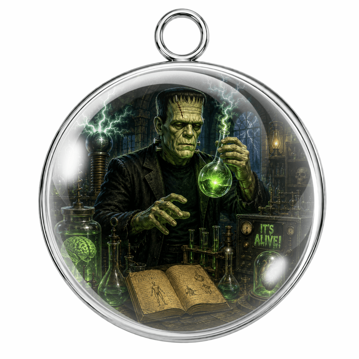 A round silver pendant featuring a detailed illustration of Frankenstein's monster in a laboratory holding a glowing green flask, with a top hanging loop, shown on a plain white background.