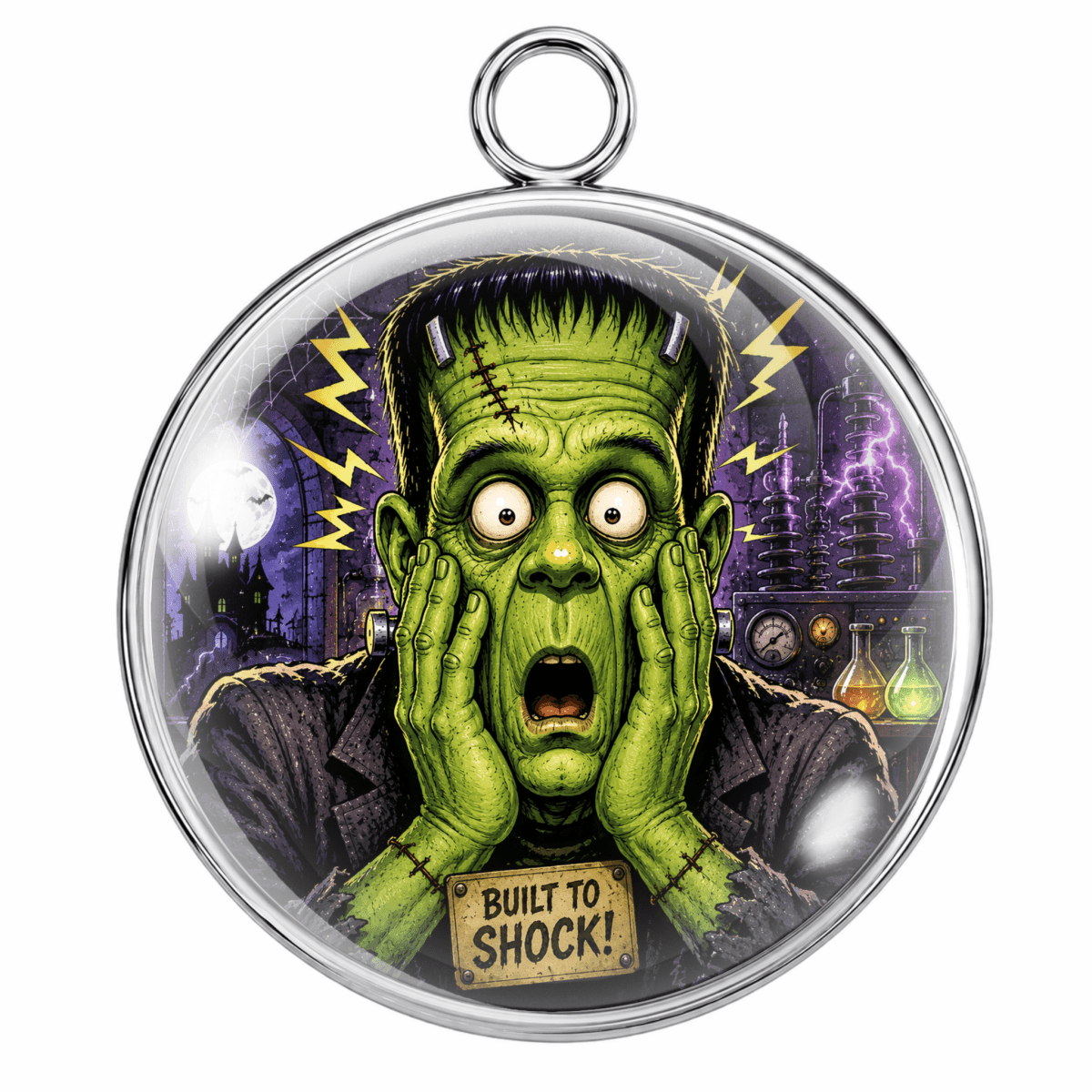 A round silver pendant featuring a colorful illustration of the character Frankenstein's monster with a shocked expression, set against a dark background with lightning and laboratory elements. The pendant has a clear top and a hanging loop at the top.