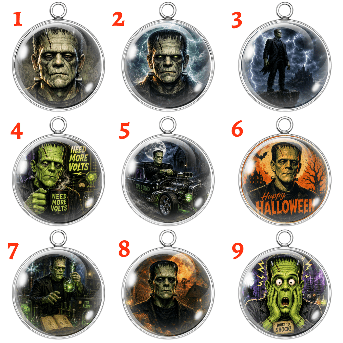 Nine Halloween-themed pendant or charm designs arranged in a 3x3 grid on a white background, each with a silver-toned metal loop at the top. The designs depict Frankenstein's monster in various spooky poses and scenes, with red numbered labels 1 through 9.