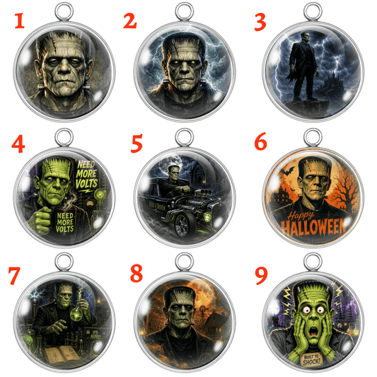 Nine Halloween-themed pendant or charm designs arranged in a 3x3 grid on a white background, each with a silver-toned metal loop at the top. The designs depict Frankenstein's monster in various spooky poses and scenes, with red numbered labels 1 through 9.