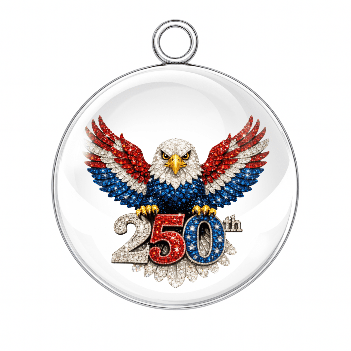 Decorative pendant with an eagle design and '250th' text on a white background