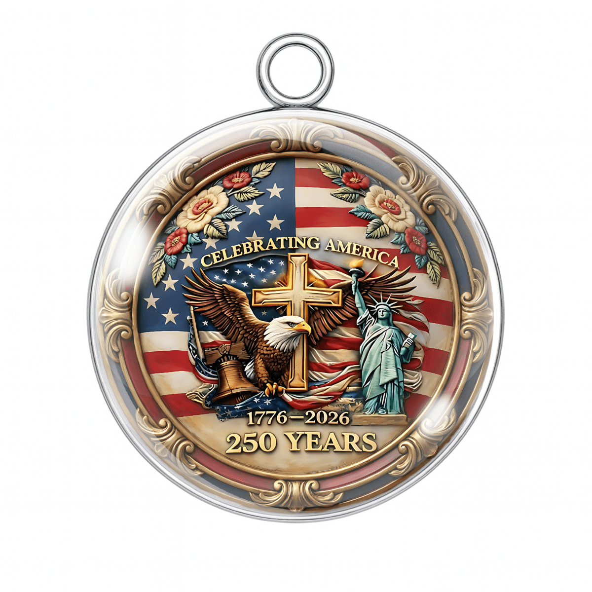 Medal celebrating America's 250th anniversary with an eagle, cross, and Statue of Liberty on an American flag background.